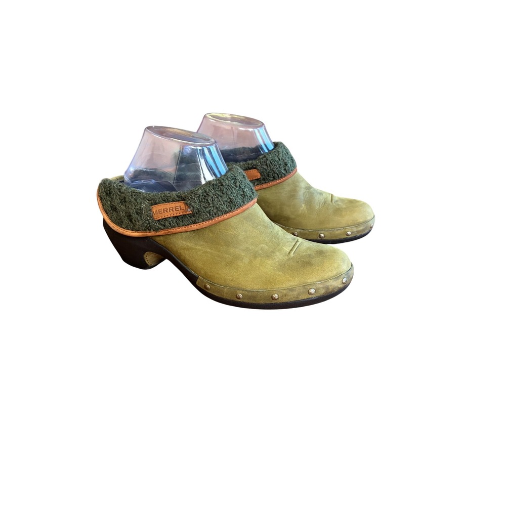 Merrell Luxe Knit Burnt Olive Green Suede Studded Clog Mules Womens 8.5 J68672